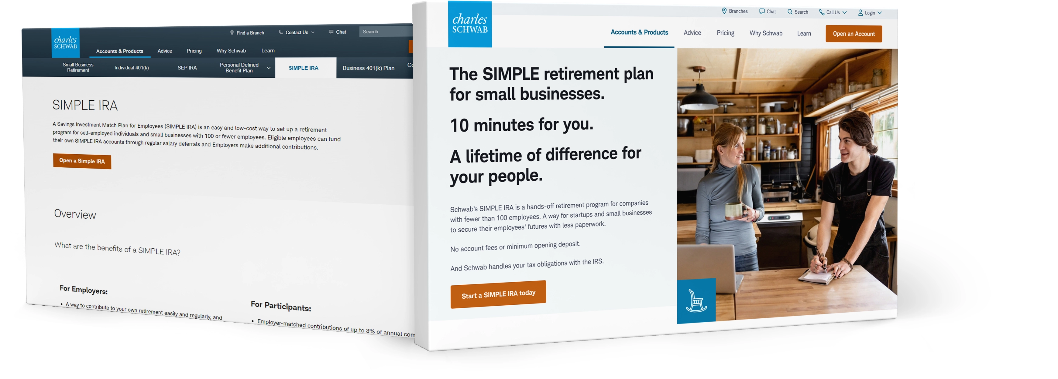A side-by-side comparison of a low-converting Charles Schwab landing page versus one designed by Banner Year that had a much lower bounce rate.