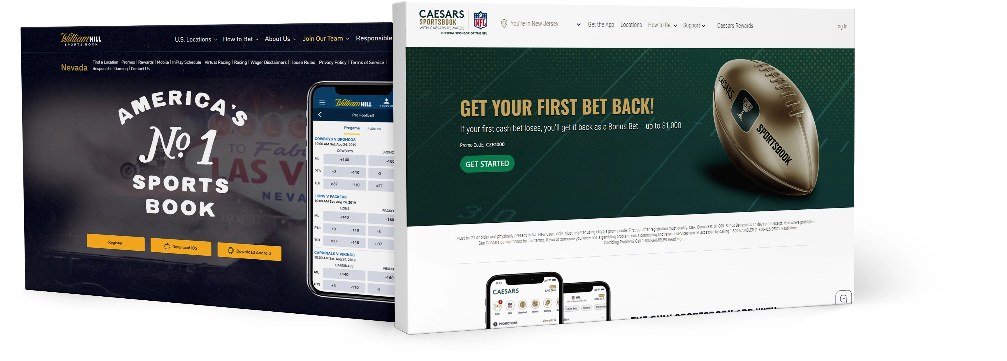A side-by-side comparison of a low-converting Caesars Entertainment landing page versus one designed by Banner Year that had a much higher conversion rate.